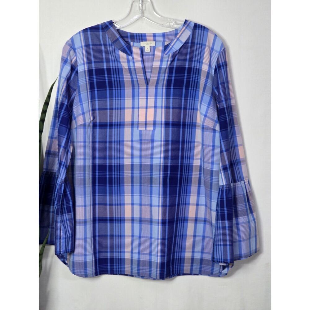 Talbots Cotton Plaid Blouse Blouse Pink/ Blue Bell Sleeves Casual Sz Medium